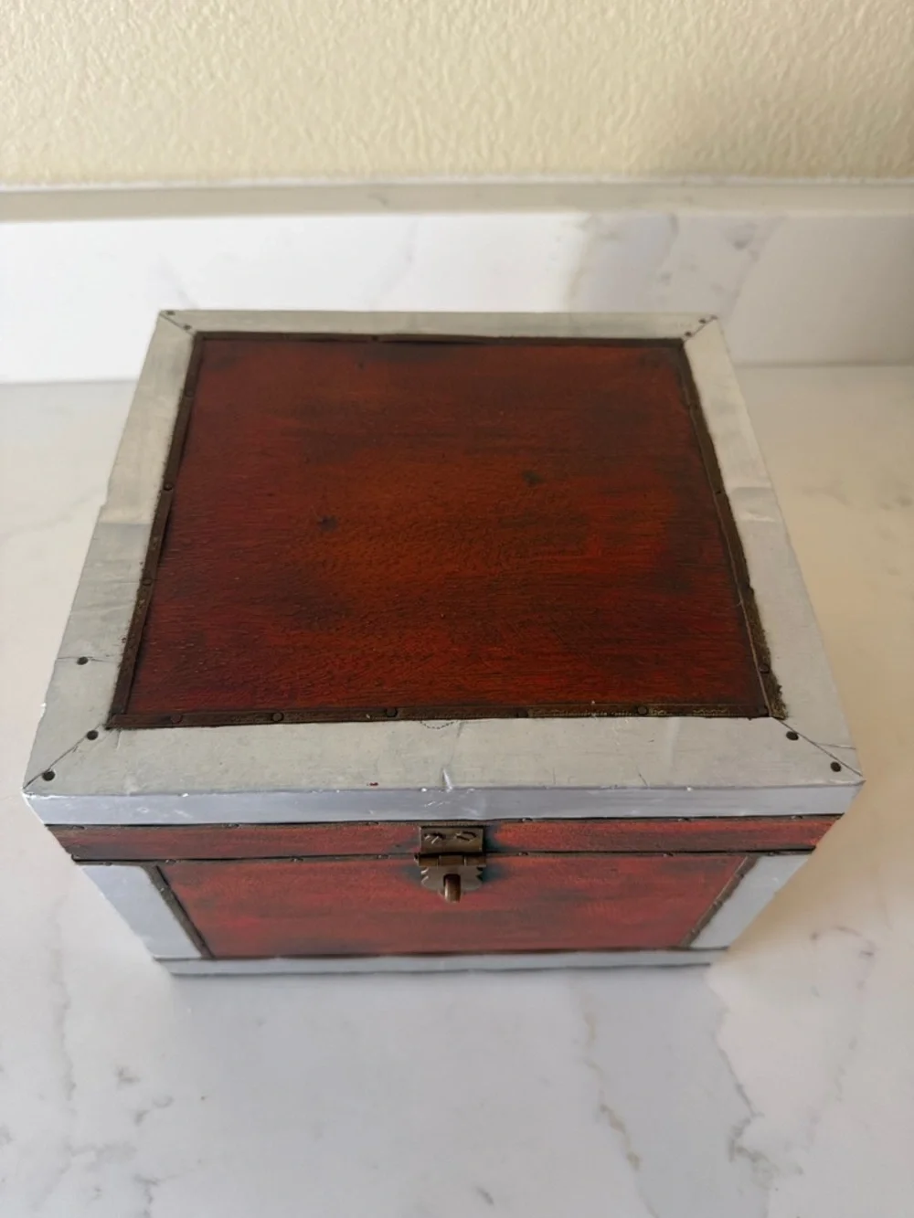 Vintage Handmade Wooden Box with Brass and Aluminum Trim.